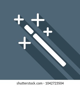 magic wand. simple silhouette. White flat icon with long shadow on background