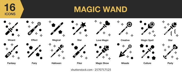 Magic Wand solid icon set. Includes Fairy Tale, Fantasy, Kid, Magic, Story, Wand, and More. Solid icons vector collection.