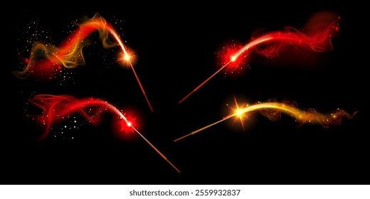 Magic wand sparkle effects set - luminous red and golden energy trails with glowing particles and bright flares on dark background. Mystical spell casting elements for fantasy or sorcery game design.