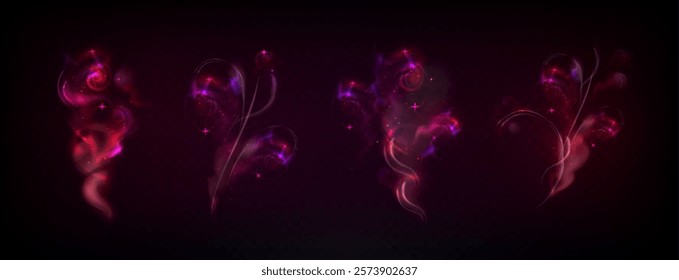 Magic wand sparkle effects set with glowing swirls, shimmering pink trails, luminous spirals and mystical stardust on black background. Fantasy spell casting elements. Wizard swoosh with twinkles.