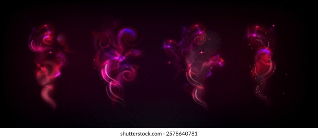 Magic wand sparkle effects set with glowing swirls, shimmering pink trails, luminous spirals and mystical stardust on black background. Fantasy spell casting elements. Wizard swoosh with twinkles.