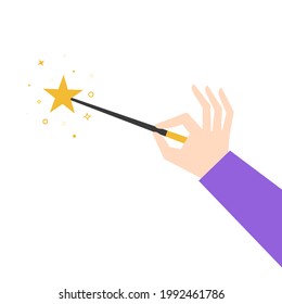 Magic wand with sparkle in hand isolated on white. Magician holding miracle magical stick Wizard tool. Vector illustration. Flat style