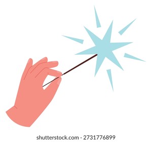 Magic wand sparkle in human hand. Wizard miracle