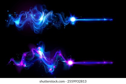 Magic wand sparkle trails with luminous blue and purple energy waves. Mystical glowing effect with starry particles and bright beam streaks on dark background. Fantasy spell casting visual impact.