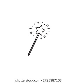 Zauberstab mit Funkeln. Einfache Zauberstab mit Sternspitze und funkelt. Minimalistische Schwarz-Weiß-Illustration für Märchenthemen.