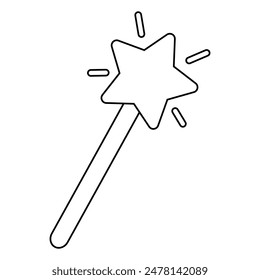 Varita mágica con estrella brillante en la parte superior, estilo doodle contorno de Vector plano para colorear libro