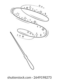 Varinha mágica com espirros e estrelas cintilantes. Encantada ilustração de arte de linha de uma varinha lançando um feitiço mágico. Elemento de fantasia decorativo com cintilações e curvas.