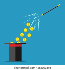 Magic wand with sparks attracting money from top hat. Success, wealth, trick, lie, deception, fraud, cheating, magic, fast money concept. EPS 10 vector illustration, no transparency