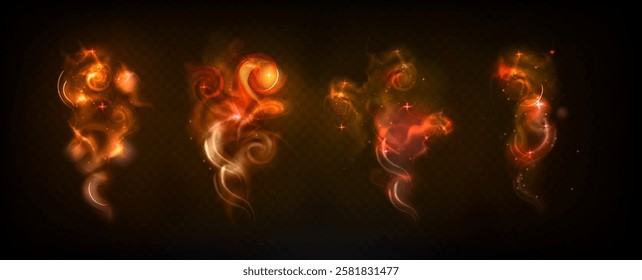 Magic wand spell effects set - glowing orange swirls, mystical sparkling trails, luminous fire spirals on dark background, enchanted bright particles. Fantasy game magical wizard spells smoke.