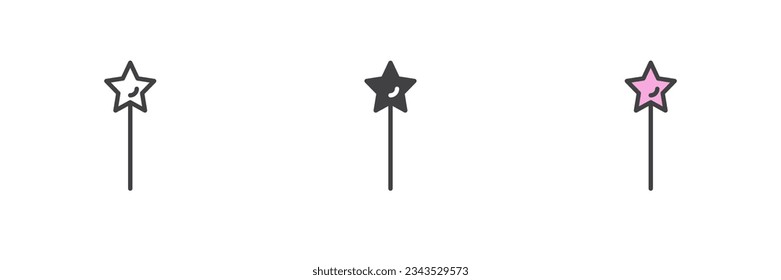 Magic wand with star different style icon set. Line, glyph and filled outline colorful version, outline and filled vector sign. Symbol, logo illustration. Vector graphics