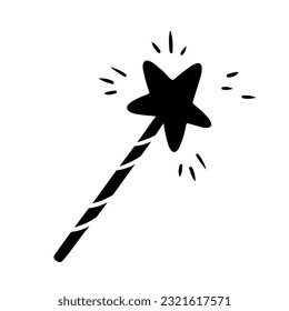 A magic wand with a star on the end. Black and white vector illustration isolated on white background. In naive style