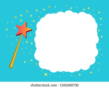 Magic wand with star on isolated background with bubble for text. Cartoon concept, miracles. Vector illustration.