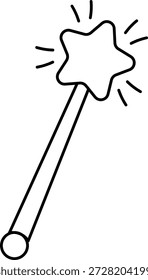Magic wand with star tip emits spark and motion lines in clean outline. Symbol of enchantment, wish, miracle, and transformation for fantasy themes. Cartoon vector illustration.
