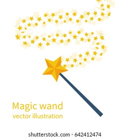 Magic wand with a star. Trace of gold dust. Magic abstract background isolated on white. Miracle and magic. Vector illustration flat design.