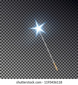 Magic wand with star vector. Transparent miracle stick with light tail isolated on dark background. Wizards magic wand effect. Magician fairy stick lights. Vector illustration