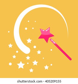 Magic wand stars flat icon cartoon illustration. Princess pink  magic stick with sway wave track. Fairy props object.