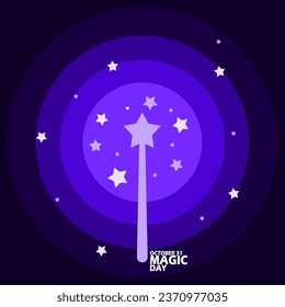 Magic wand with stars and glowing light with bold text on dark purple background to celebrate Magic Day on October 31