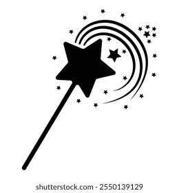 Magic wand with stars icon. Black magic wand icon isolated on white background. Magic wand silhouette in simple style shiny stick icon for print and design.  Vector illustration. EPS 10