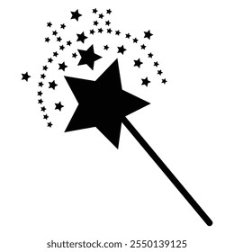 Magic wand with stars icon. Magic wand silhouette in simple style shiny stick icon for print and design. Black magic wand icon isolated on white background.