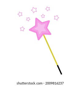 Magic wand with stars isolated on white background. Cartoon clip art for pattern, wrapping, logo. Flat cute vector illustration. Icon of magical object