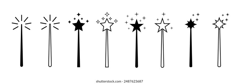 Magic wand with a stars. Set of magic wand icons. Magic  stick for apps and web sites. Vector illustration.