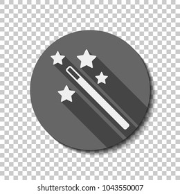 magic wand with stars. simple silhouette. White flat icon with long shadow in circle on transparent background