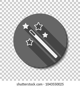 magic wand with stars. simple silhouette. White flat icon with long shadow in circle on transparent background