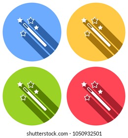 magic wand with stars. simple silhouette. Set of white icons with long shadow on blue, orange, green and red colored circles. Sticker style