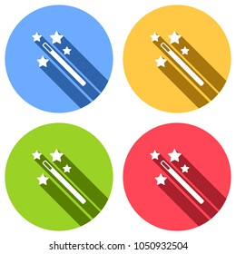 magic wand with stars. simple silhouette. Set of white icons with long shadow on blue, orange, green and red colored circles. Sticker style
