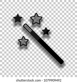 magic wand with stars. simple silhouette. Black glass icon with soft shadow on transparent background