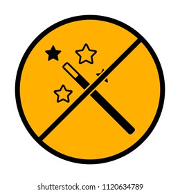magic wand with stars. simple silhouette. not allowed, black object in warning sign with orange background color