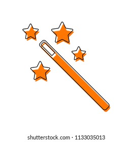 magic wand with stars. simple silhouette. Isolated icon consisting of black thin contour and orange moved filling on different layers. White background