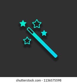 magic wand with stars. simple silhouette. Colorful logo concept with soft shadow on dark background. Icon color of azure ocean