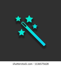 magic wand with stars. simple silhouette. Colorful logo concept with soft shadow on dark background. Icon color of azure ocean