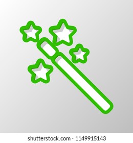 magic wand with stars. simple silhouette. Paper style. Cut symbol with green bold contour on shape and simple shadow