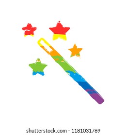 magic wand with stars. simple silhouette. Drawing sign with LGBT style, seven colors of rainbow (red, orange, yellow, green, blue, indigo, violet