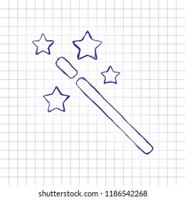 magic wand with stars. simple silhouette. Hand drawn picture on paper sheet. Blue ink, outline sketch style. Doodle on checkered background