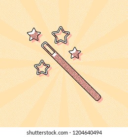 magic wand with stars. simple silhouette. Vintage retro typography with offset printing effect. Dots poster with comics pop art background