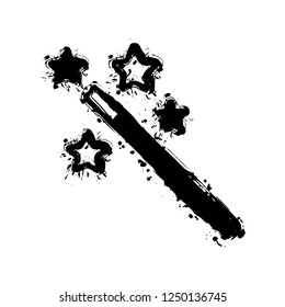 magic wand with stars. simple silhouette. Black ink with splashes on white background