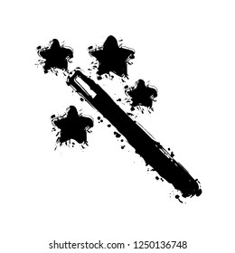 magic wand with stars. simple silhouette. Black ink with splashes on white background