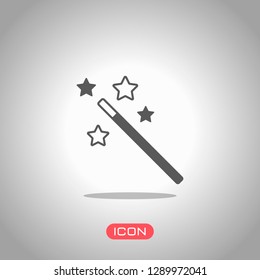magic wand with stars. simple silhouette. Icon under spotlight. Gray background