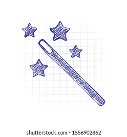 magic wand with stars. simple silhouette. Hand drawn sketched picture with scribble fill. Blue ink. Doodle on white background