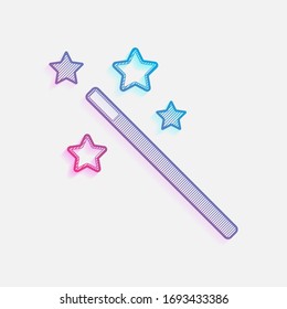magic wand with stars. simple silhouette. Colored logo with diagonal lines and blue-red gradient. Neon graphic, light effect