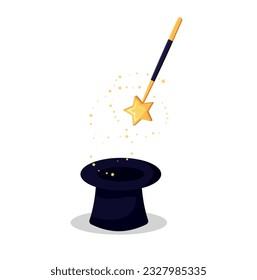 Magic wand with stars sparks above black magic hat. vector illustration in flat design.