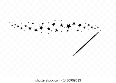 Magic wand with a stars. Trace of black dust. Magic abstract background isolated on on transparent background. Miracle and magic. Vector illustration flat design.