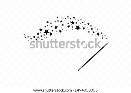 Magic wand with a stars. Trace of black dust. Magic abstract background isolated on on transparent background. Miracle and magic. Vector illustration flat design.