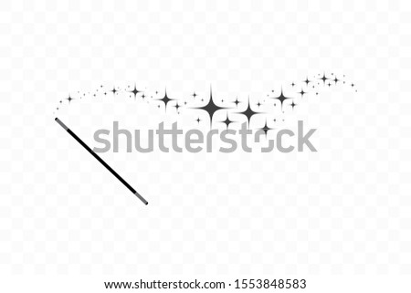 Magic wand with a stars. Trace of black dust. Magic abstract background isolated on on transparent background. Miracle and magic. Vector illustration flat design.