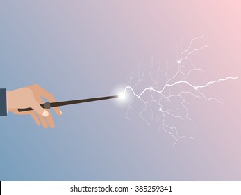 Magic wand. Magic stick in hand. Magic lightning. Rose quartz and serenity violet background. Vector illustration.