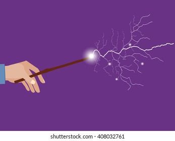Magic wand. Magic stick in hand. Magic lightning. Rose quartz and serenity violet background. Vector illustration.
