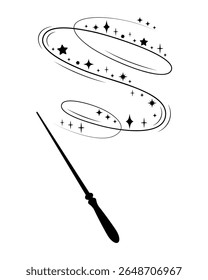 Varinha mágica com rastro de espumante giratório. Ilustração vetorial de um feitiço de elenco de varinha de conto de fadas com estrelas e brilho. Ícone de silhueta preta para temas de design de fantasia, magia ou Halloween.